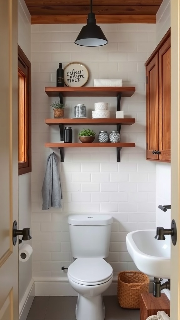 Small rustic bathroom with open shelves and a cozy design.
