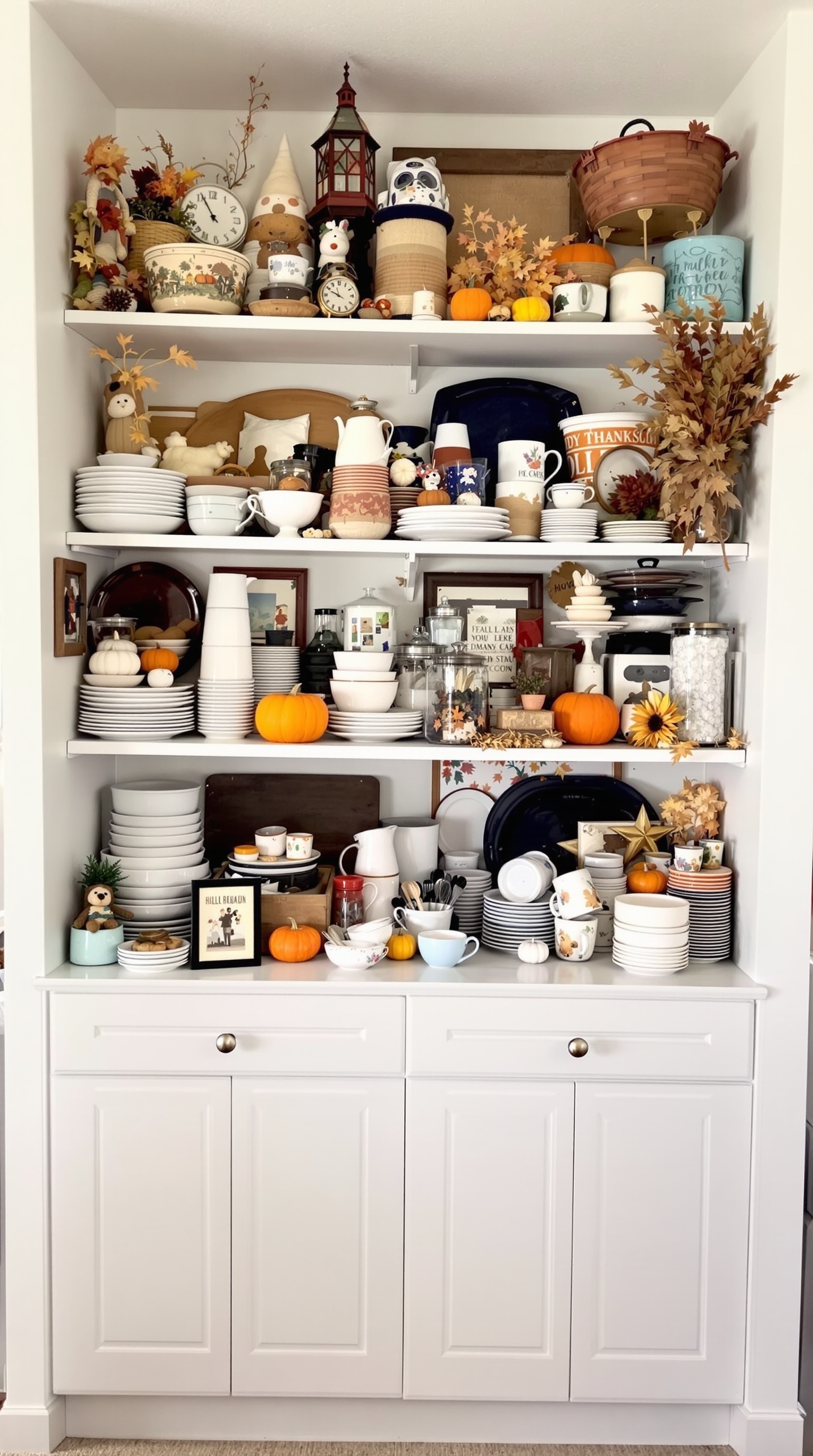A neatly organized shelf with Thanksgiving-themed decor and dinnerware.