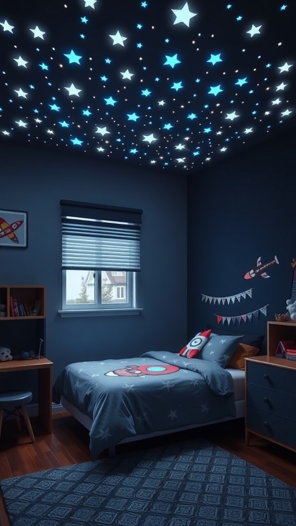 A boys bedroom featuring glow-in-the-dark stars on the ceiling, with a space-themed bedspread and decor.