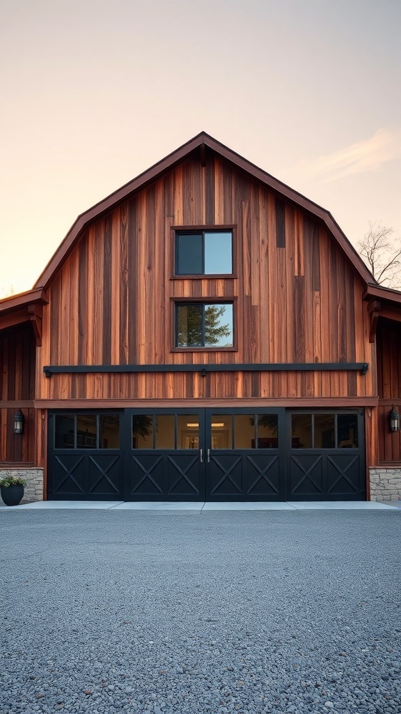 A spacious barn-style home with wooden exterior and large garage doors.