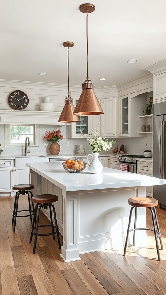 A spacious kitchen island with seating, surrounded by modern farmhouse decor.