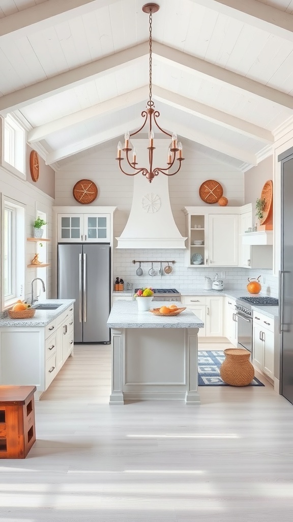 Spacious kitchen with nautical decor, featuring light colors and modern appliances.