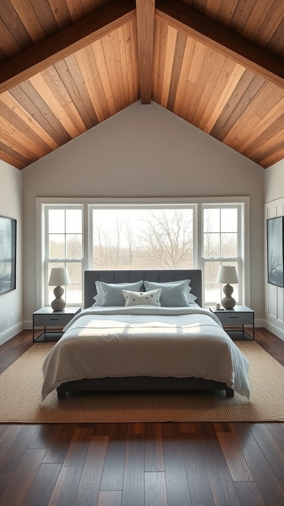 A spacious master bedroom with high wooden ceilings, large windows, and a cozy bed.