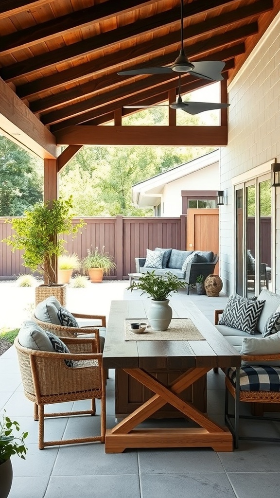A spacious outdoor living area featuring a wooden table, comfortable chairs, and lush greenery.
