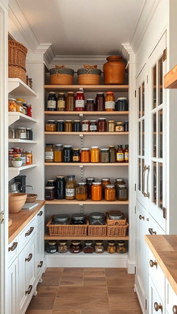 Spacious pantry with open shelving filled with jars and baskets.