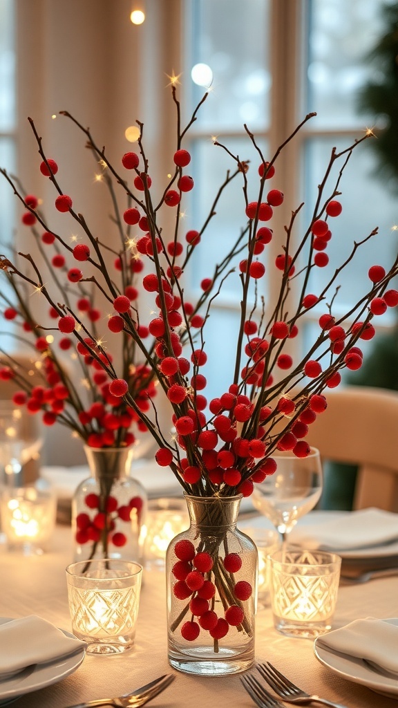A festive Christmas table with sparkling berry branch arrangements in vases.