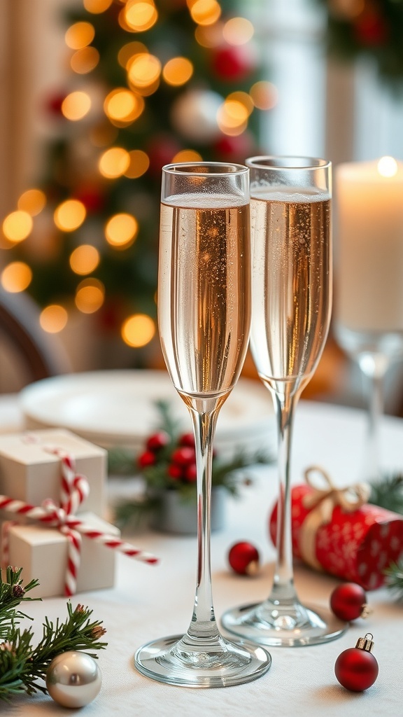 Two sparkling champagne flutes on a festive table with holiday decorations.