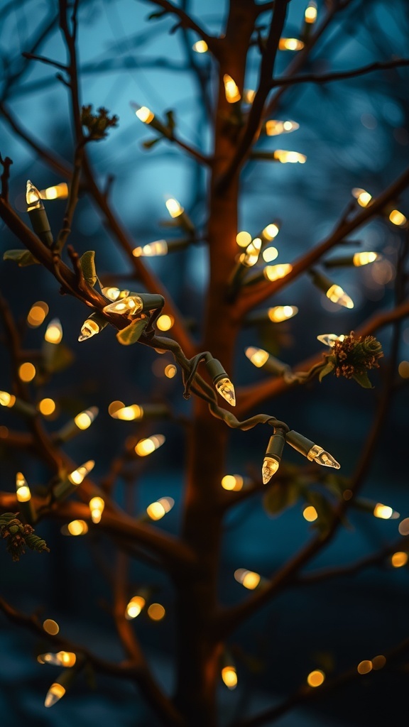 A tree adorned with warm, sparkling Christmas lights in the evening.