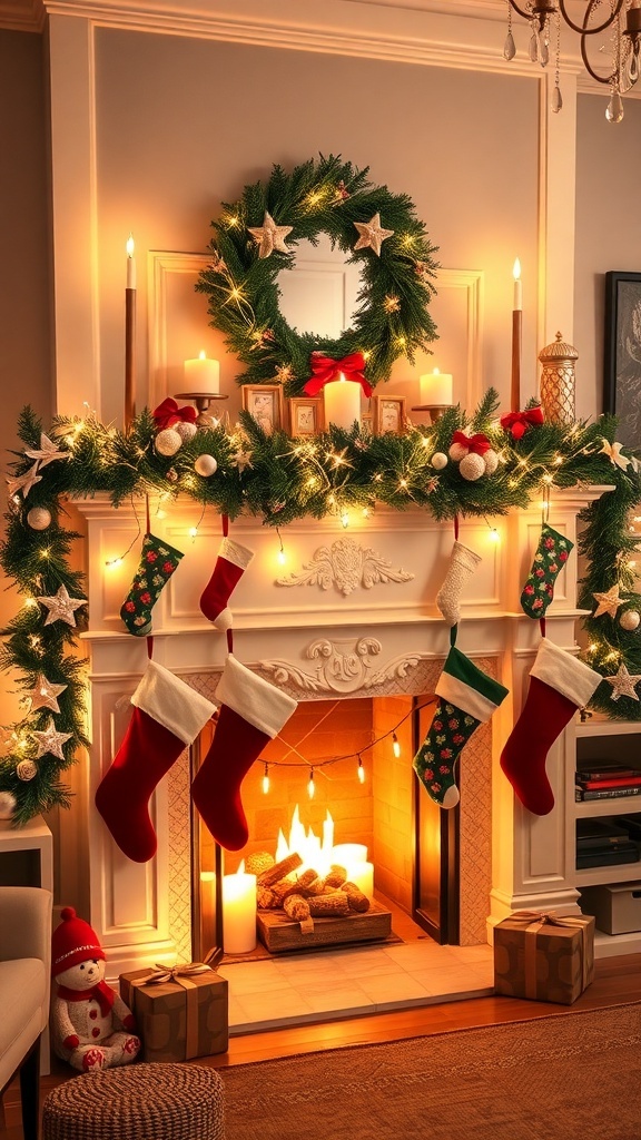 A beautifully decorated Christmas mantel with stockings, a wreath, candles, and festive lights.