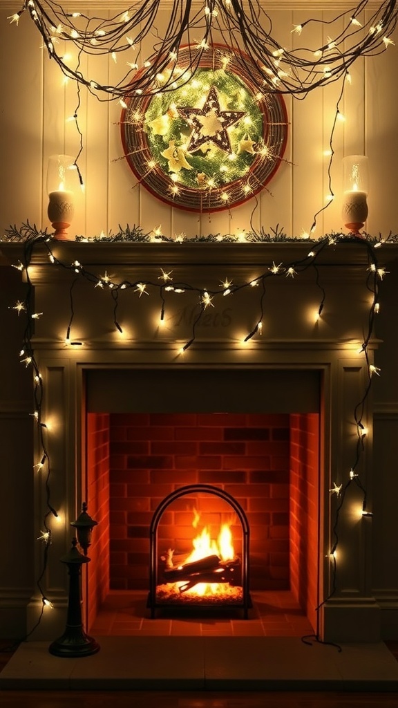 A beautifully decorated fireplace mantel with fairy lights and a festive wreath.