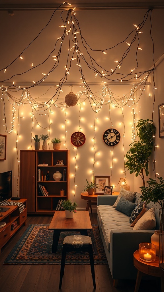 Cozy living room decorated with fairy lights and plants for Christmas.