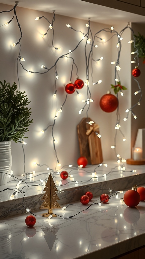 Christmas countertop decor featuring fairy lights, ornaments, and a small tree.