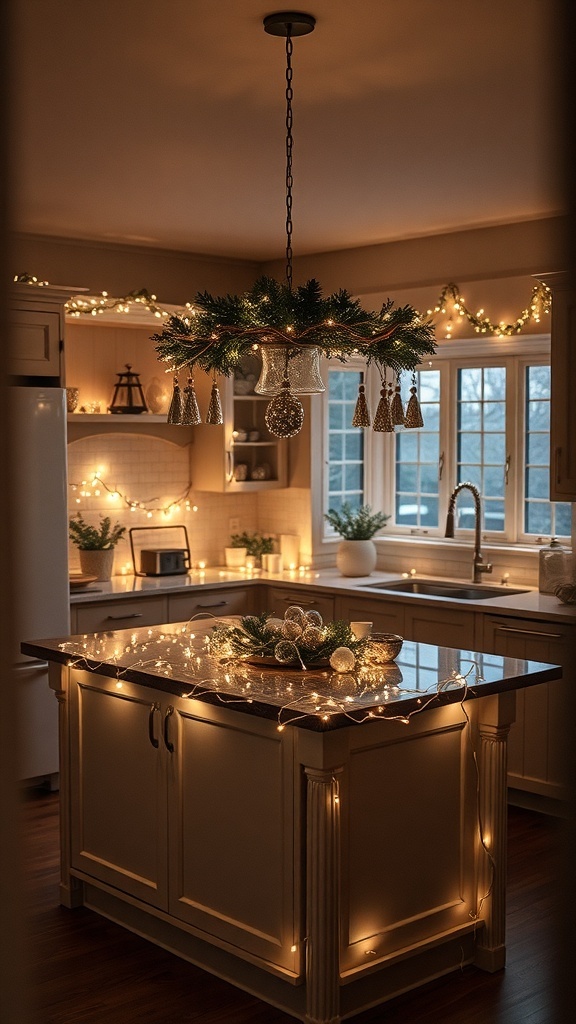 A kitchen island decorated with fairy lights and Christmas decor.