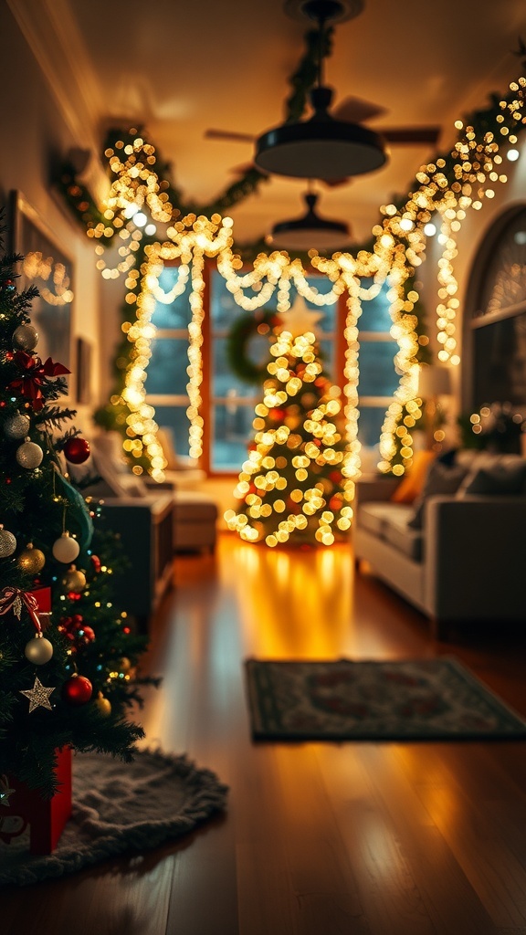 A beautifully decorated Christmas room with sparkling lights and a Christmas tree.