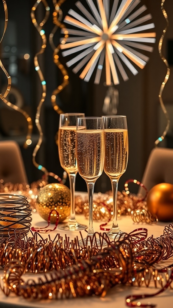 Three champagne glasses with bubbles on a table decorated with golden ornaments and shiny streamers.