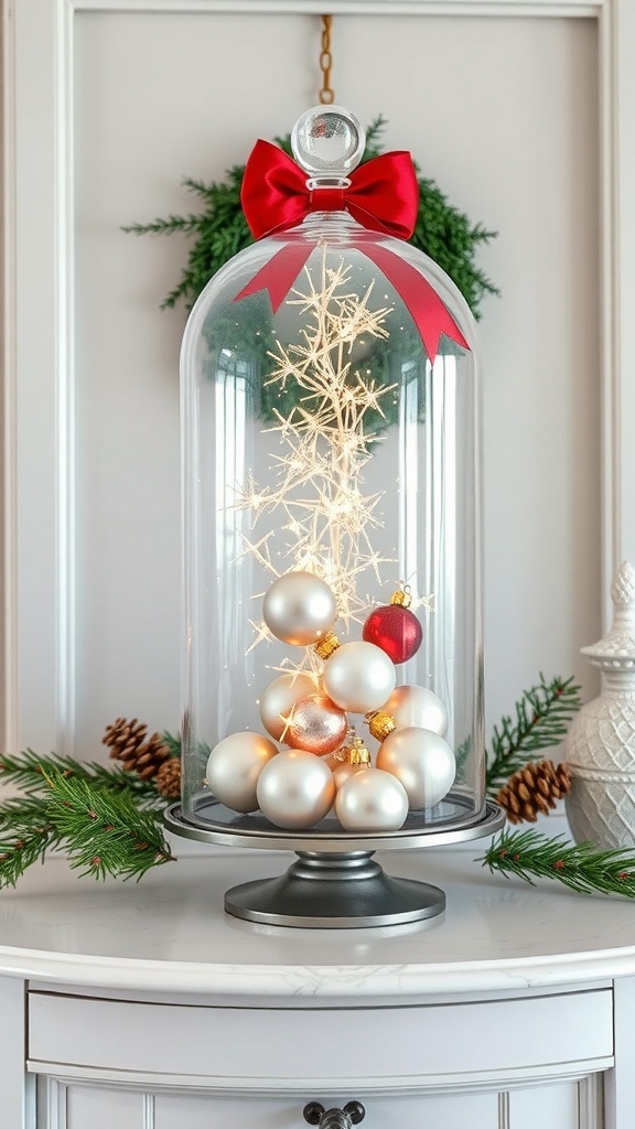 Glass cloche with ornaments and lights on an entryway table