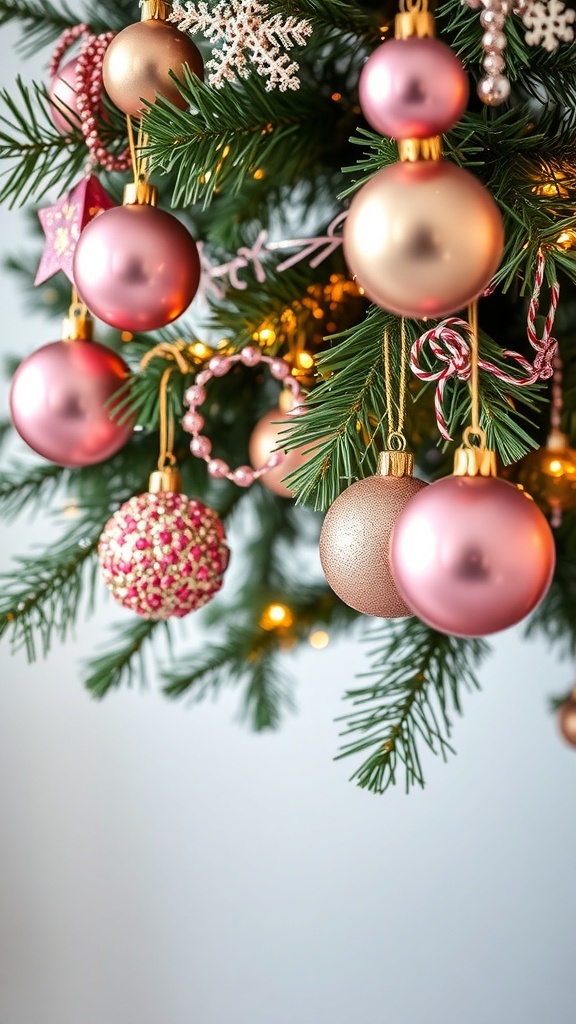 Close-up of pink and gold Christmas baubles on a tree.