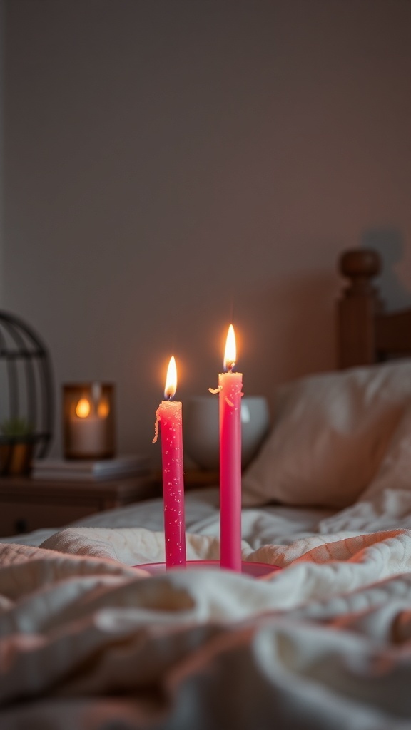 Two pink candles burning softly on a bed with cream-colored bedding.