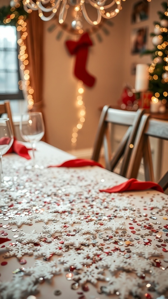 A table decorated with sparkling snowflake confetti and red napkins, creating a winter wonderland theme.