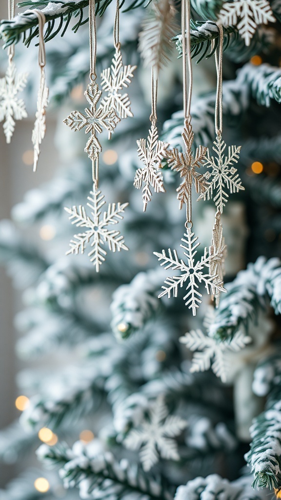 Decorative snowflake ornaments hanging on a Christmas tree.