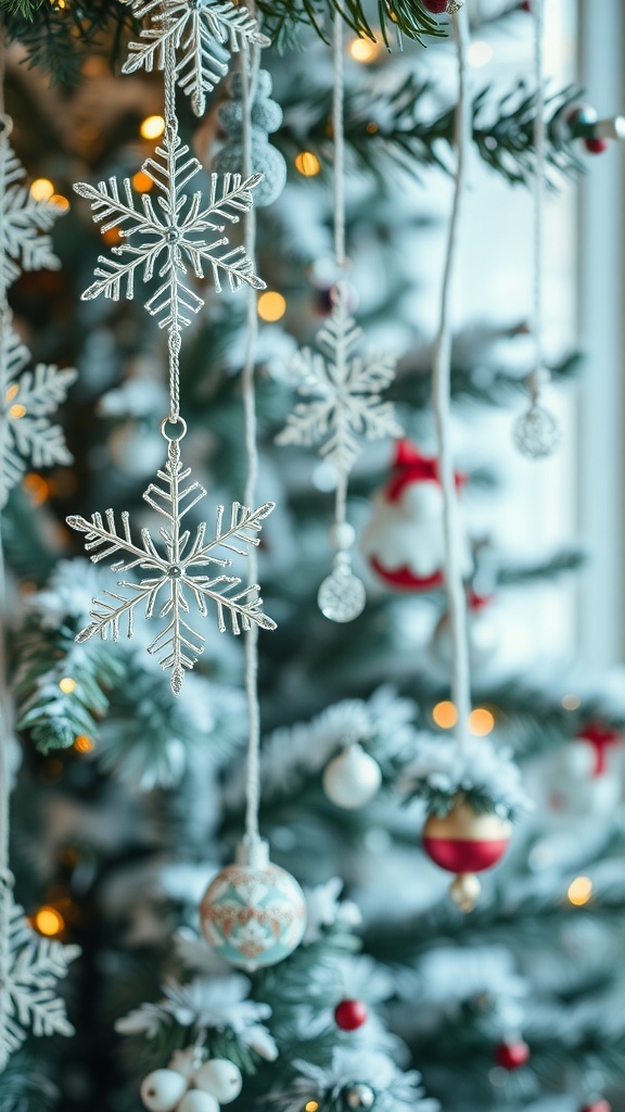 Close-up of sparkling snowflake ornaments hanging on a Christmas tree.