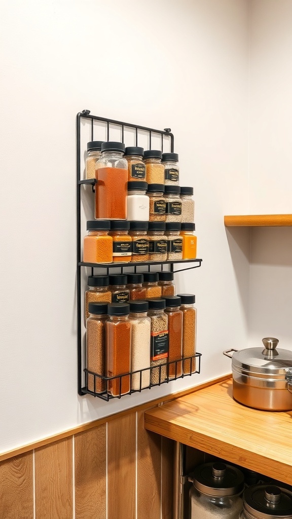 Wall-mounted spice rack with various spice jars organized for easy access.