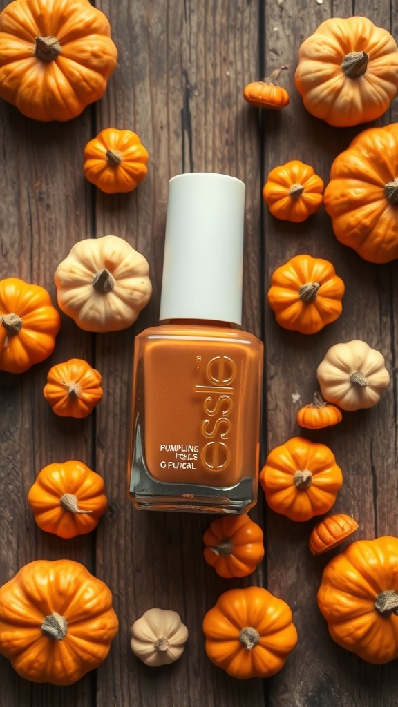 Bottle of Spiced Pumpkin nail polish surrounded by small pumpkins on a wooden surface.