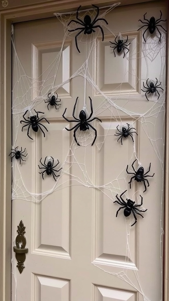 A door decorated with spider webs and plastic spiders for Halloween