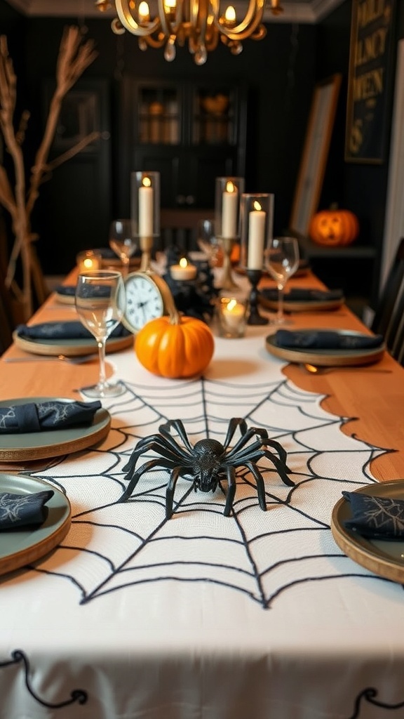 A dining table decorated with a spider web table runner, black spider, candles, and pumpkins.
