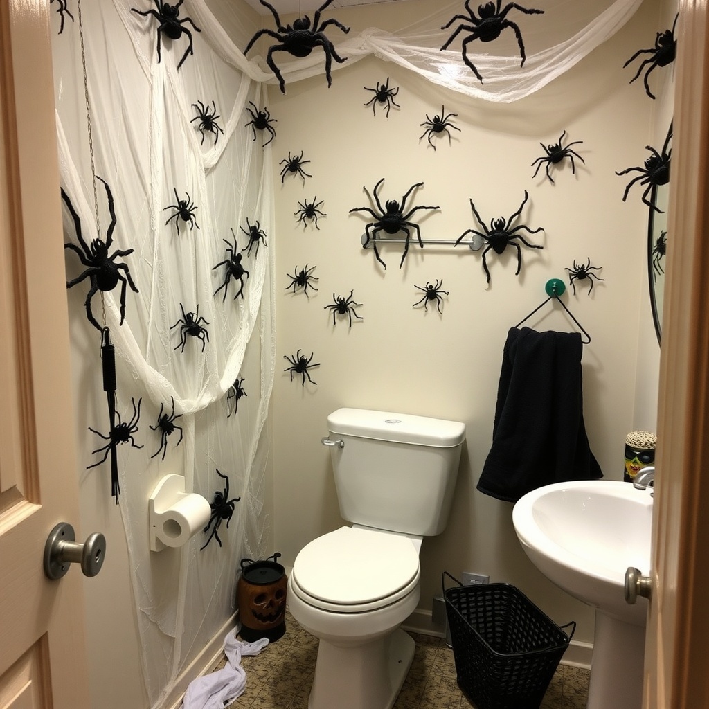 A bathroom decorated for Halloween with black spiders on the walls and cobwebs hanging from the ceiling.