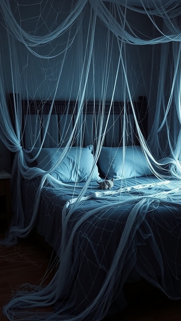 A bedroom with a spiderweb canopy creating a spooky Halloween atmosphere.