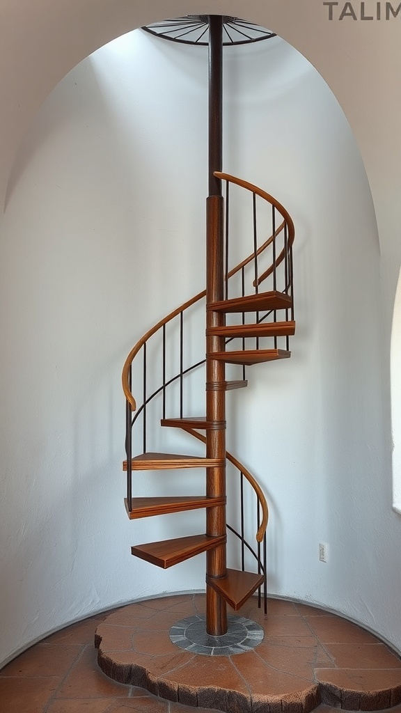 A spiral rustic staircase with wooden steps and a central post, set against a white wall.
