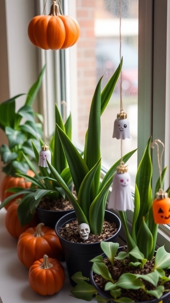 A collection of plants with a ghost and pumpkin decoration for Halloween