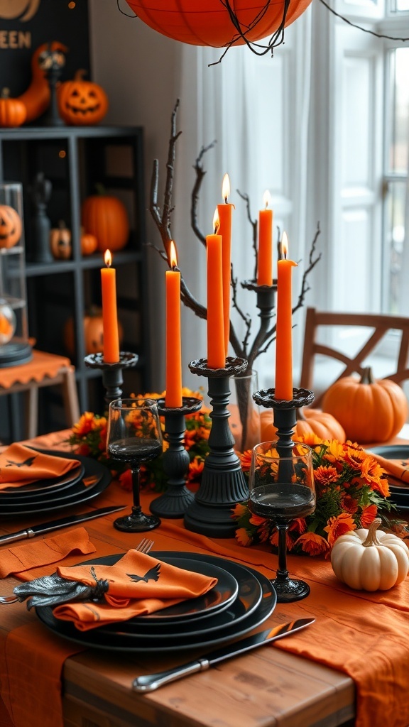 A Halloween table setting featuring black plates, orange napkins with bat designs, black candle holders, and pumpkins.