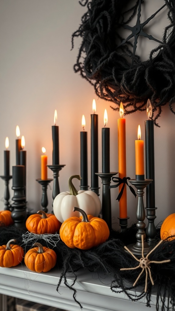 A Halloween mantle with black and orange candles, pumpkins, and spider decorations.