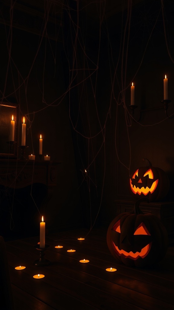 A dimly lit room with candles and carved pumpkins creating a spooky Halloween atmosphere.
