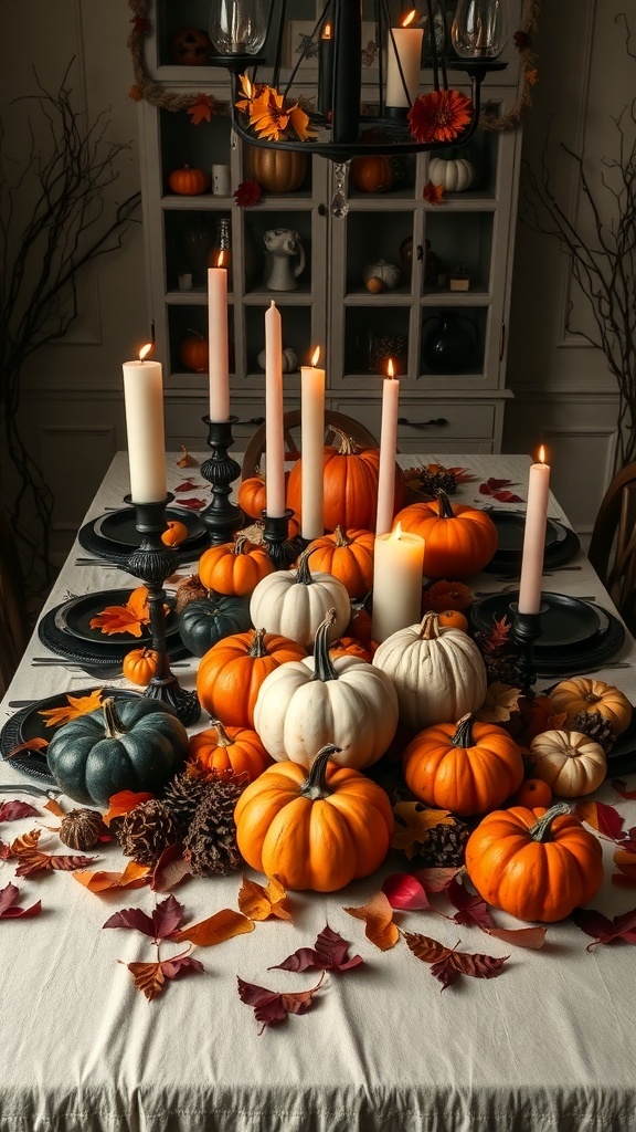A Halloween table centerpiece featuring various pumpkins, candles, and autumn leaves.