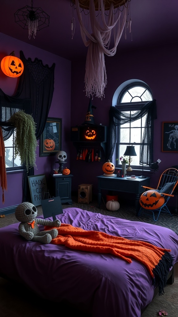 A Halloween-themed bedroom with purple walls, orange jack-o'-lanterns, and spooky decorations.
