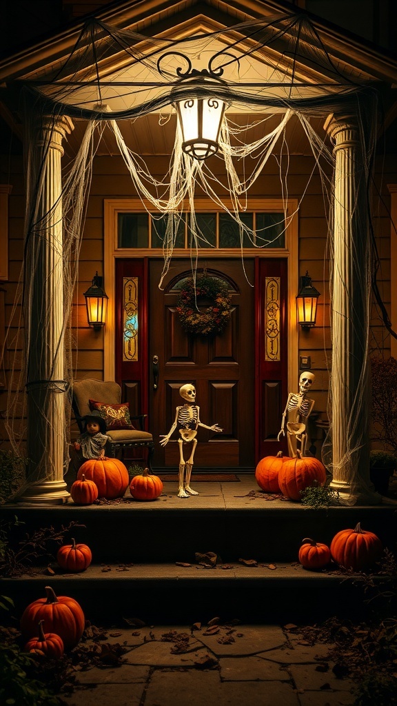 A Halloween-themed porch with skeletons, pumpkins, and spider webs.