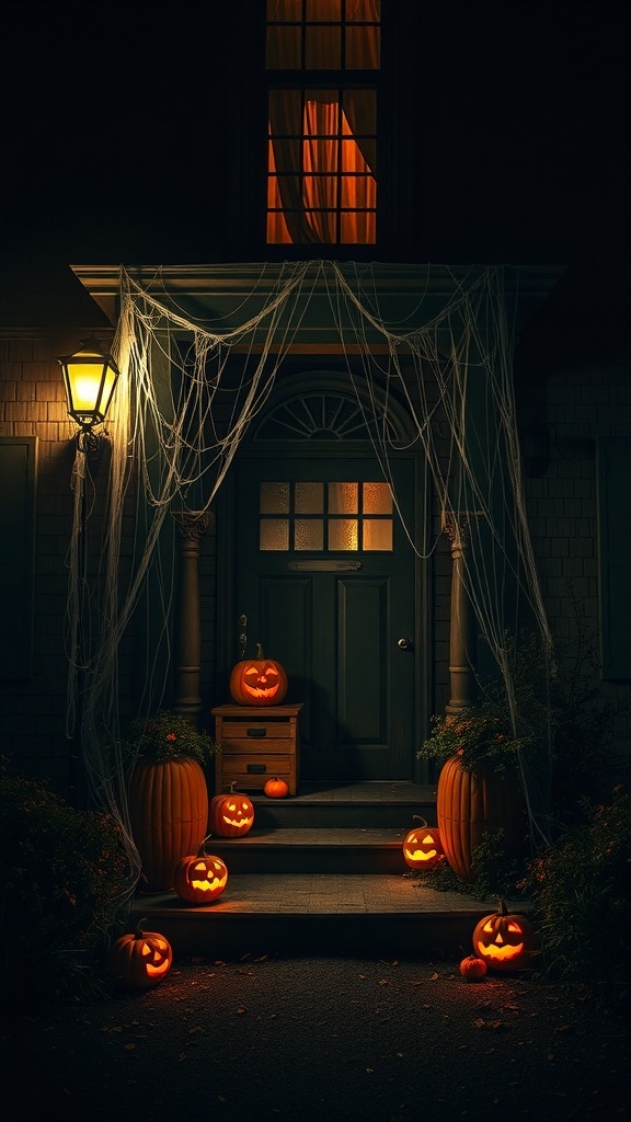 A spooky entrance decorated with cobwebs and glowing jack-o'-lanterns.