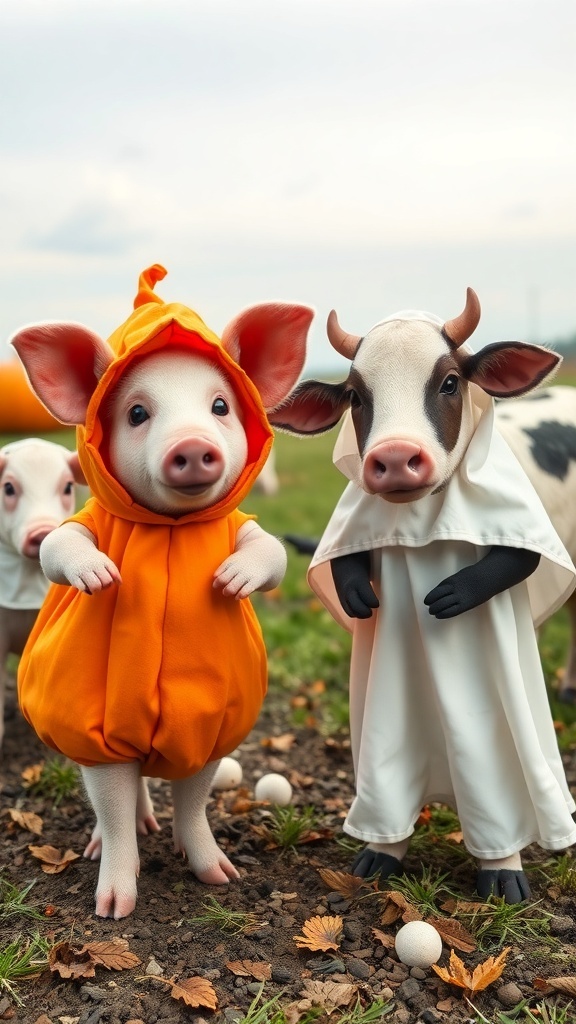 A pig in an orange pumpkin costume and a cow in a white ghost costume on a farm