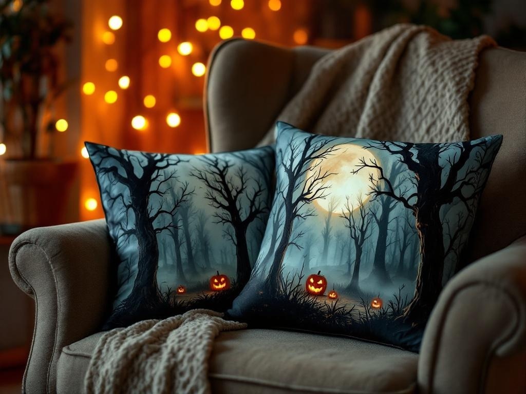 Two Halloween-themed pillows featuring a spooky forest scene with jack-o'-lanterns
