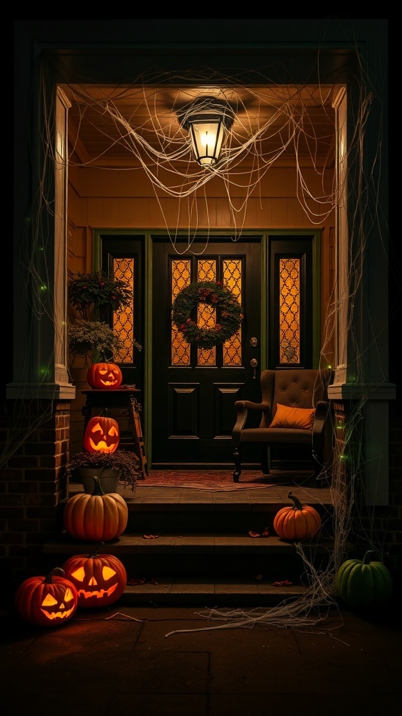 A spooky front porch decorated for Halloween with carved pumpkins, cobwebs, and a cozy chair.