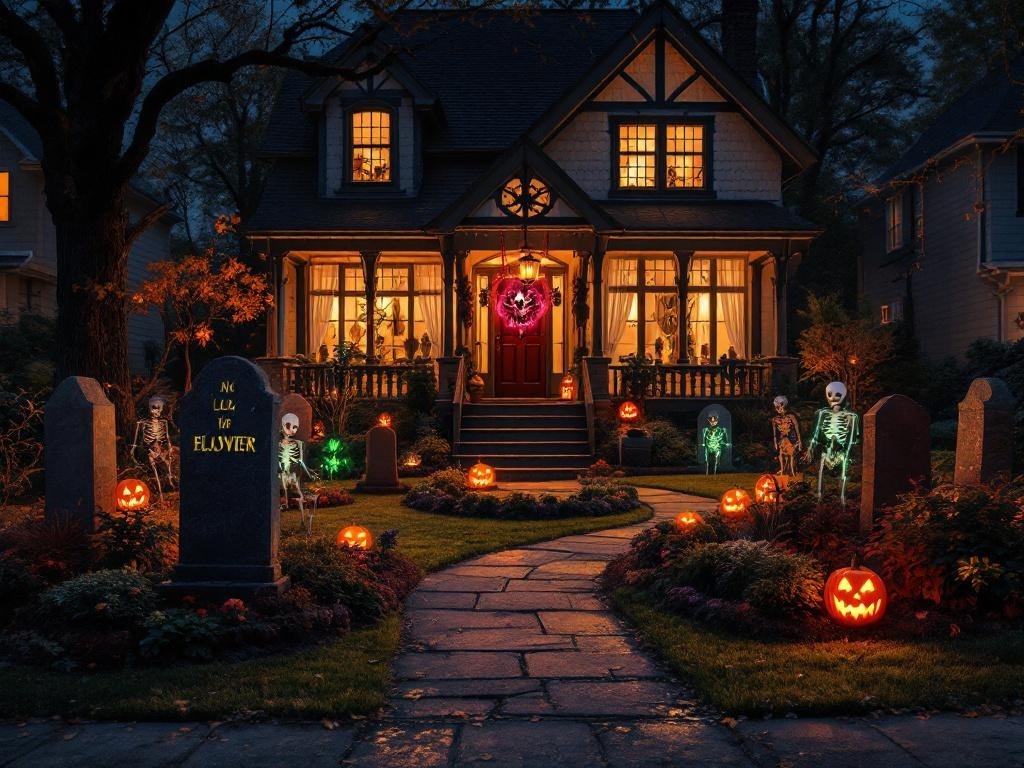 A spooky Halloween front yard display featuring carved pumpkins, skeletons, and gravestones.