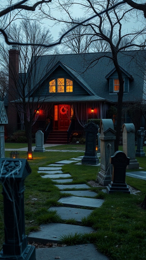 A spooky graveyard scene in a front yard with tombstones, a stone path, and a warmly lit house.