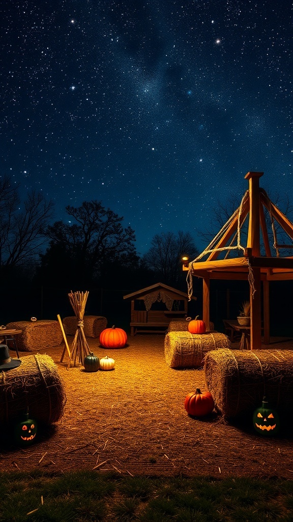 A cozy Halloween farmhouse scene with hay bales, glowing pumpkins, and a starry night sky.
