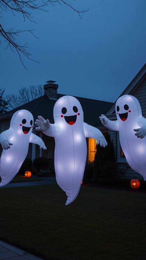 Three inflatable ghosts waving in a yard at dusk, with pumpkins in the background.