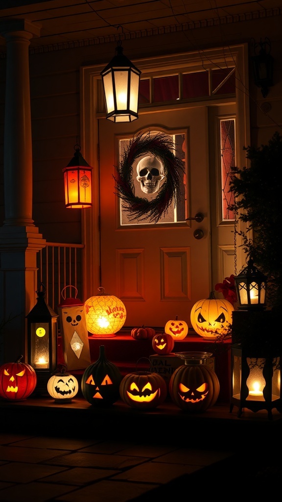 A Halloween front porch with carved pumpkins and lanterns, featuring a skull wreath on the door.