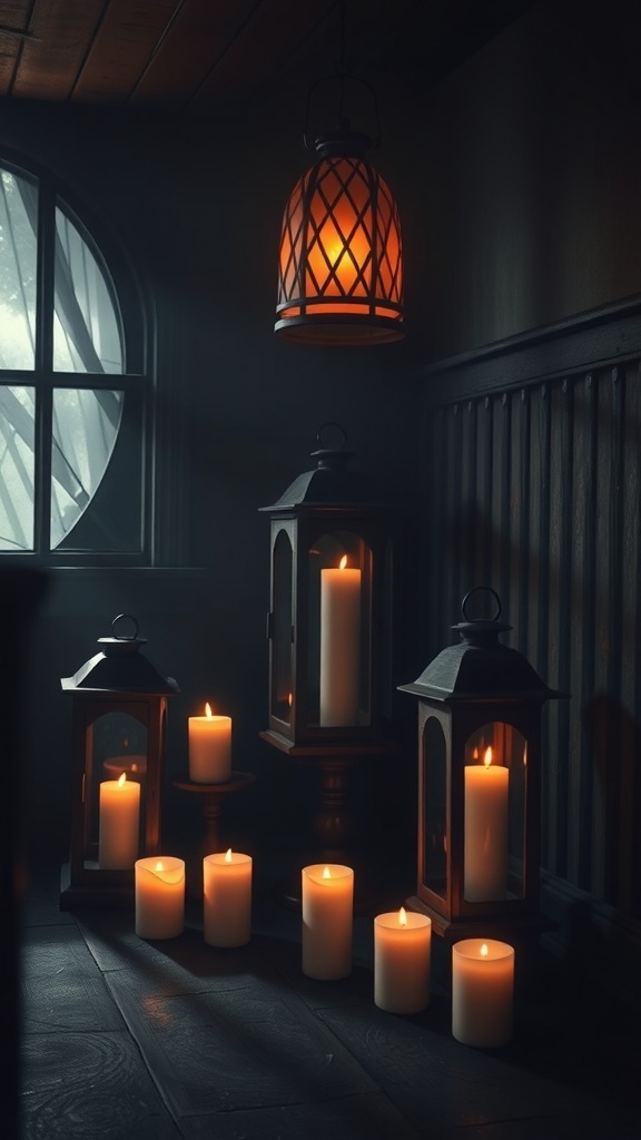 A cozy corner with glowing lanterns and flickering candles, creating a spooky atmosphere for Halloween.