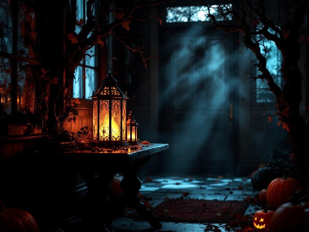 A Halloween entry table with spooky lanterns, glowing softly, surrounded by pumpkins and a dark, mysterious atmosphere.